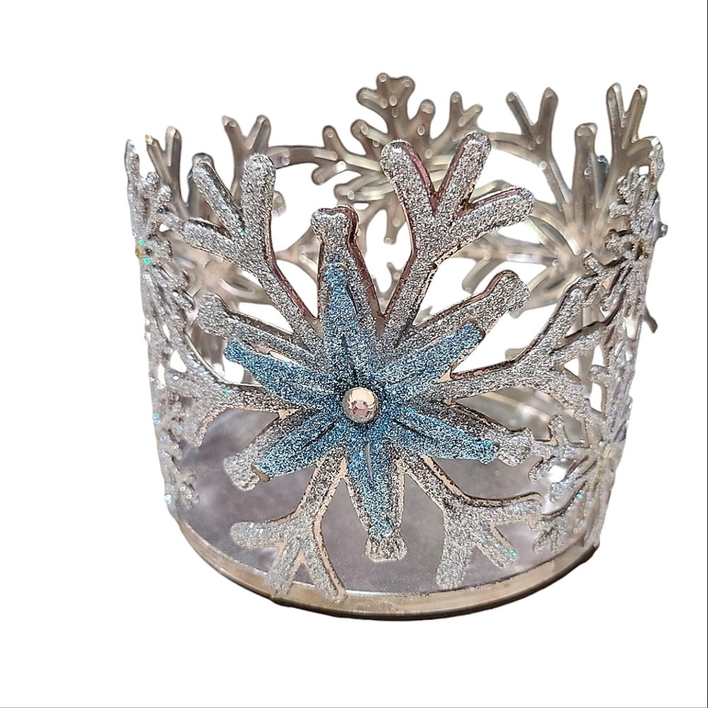Glitter Snowflake Short 3-Wick Candle Holder Silver, Blue, & White